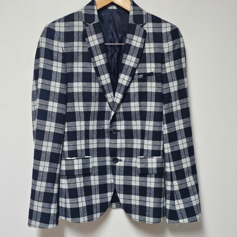 Sisley Made in Italy Mens Slim Fit Gray/Black Checked Blazer Size Small